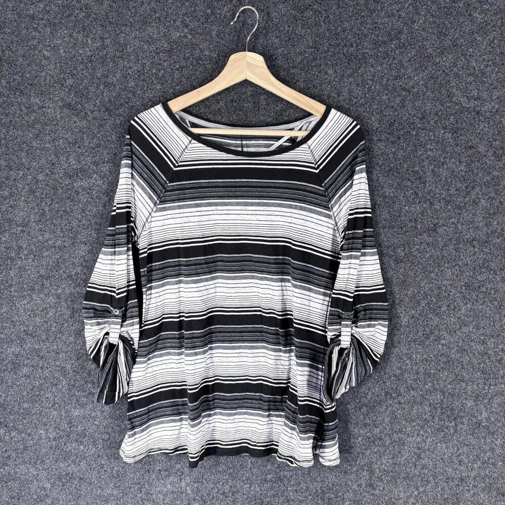 Calvin Klein T-Shirt Women M Medium Black Striped 3/4 Sleeve Cotton Casual
